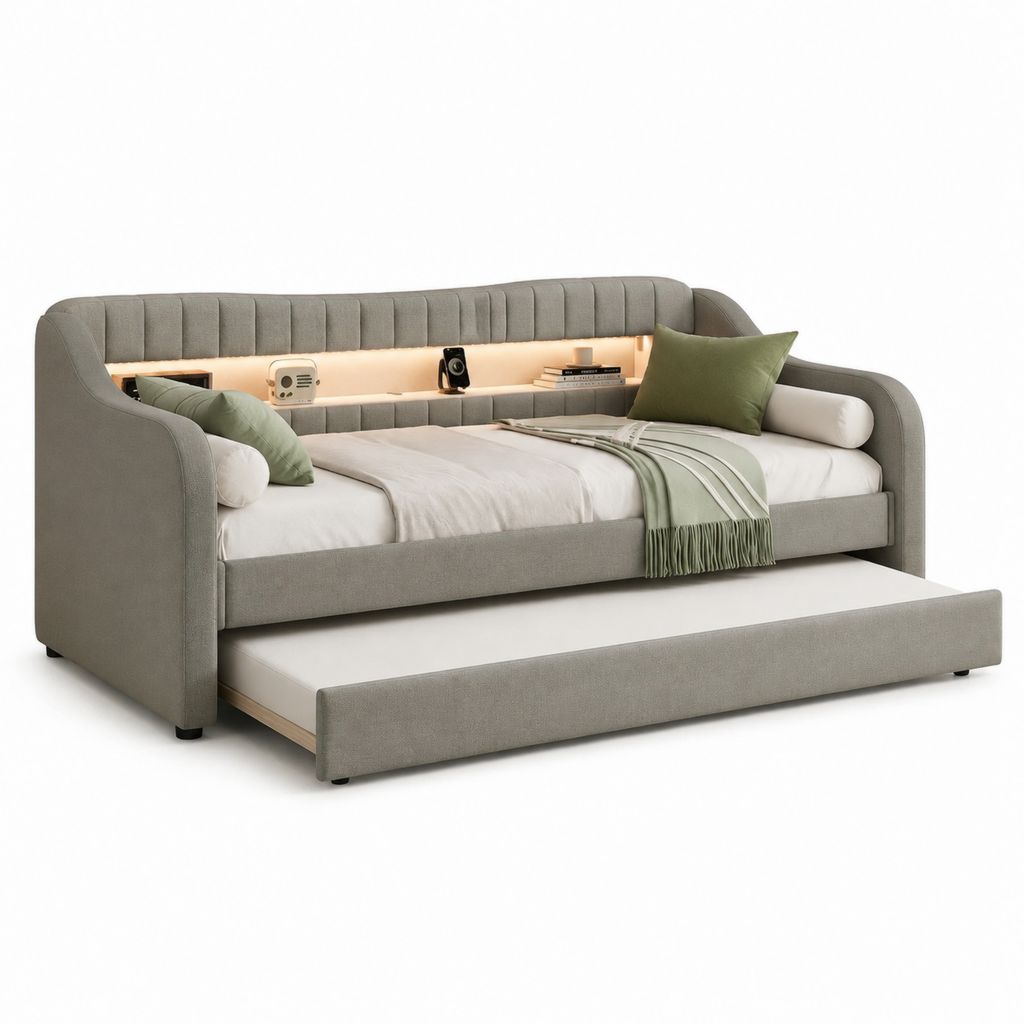 Divano letto estraibile grigio in poliestere con nicchia illuminata 90x200 cm