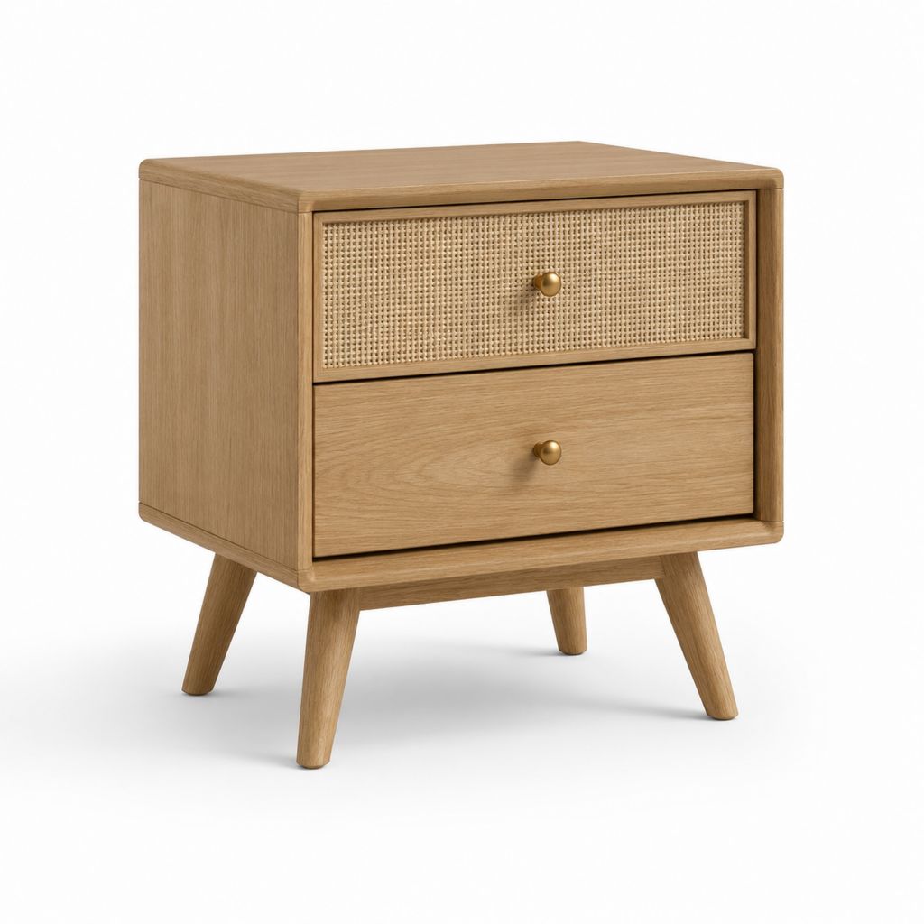 Comodino 2 cassetti rovere naturale e rattan rettangolare 45 x 35 x 55 cm