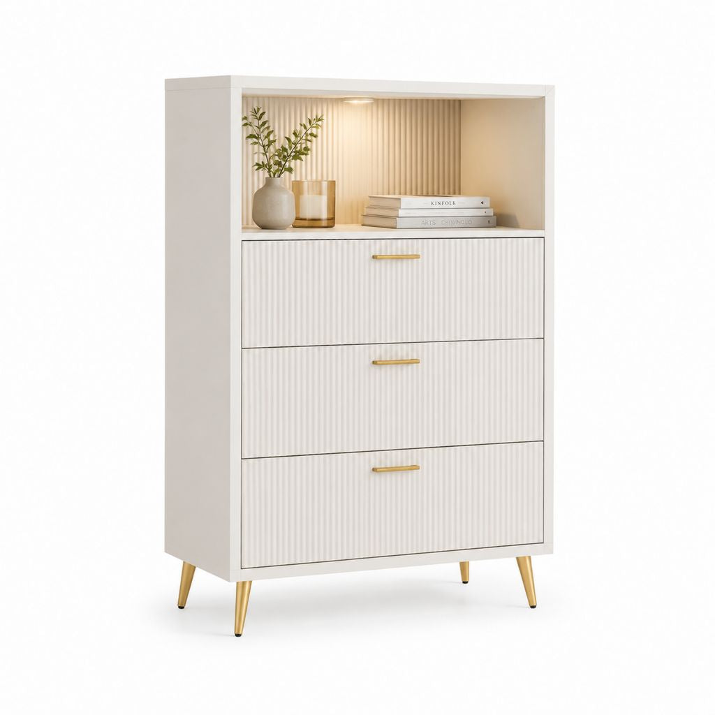 Credenza alta rettangolare con 3 cassetti e vano a giorno bianca in MDF 80 x 40 x 120 cm