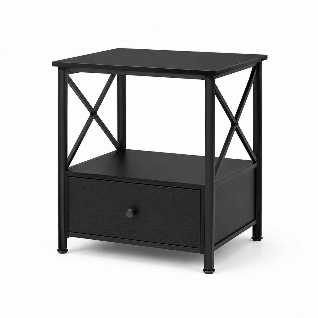 Comodino rettangolare con cassetto nero in MDF e acciaio 40 x 40 x 60 cm