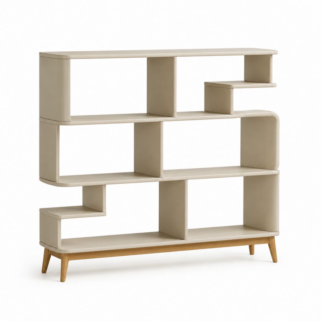 Libreria da soggiorno beige in MDF con piedini in legno massello 120 x 30 x 120 cm