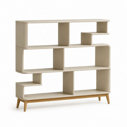Libreria da soggiorno beige in MDF con piedini in legno massello 120 x 30 x 120 cm