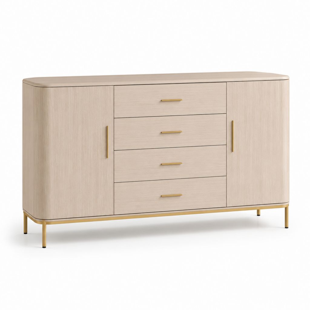 Credenza da sala da pranzo beige in MDF effetto rovere con 4 cassetti 2 ante e gambe in acciaio 160 x 40 x 90 cm