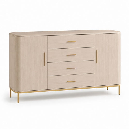 Credenza da sala da pranzo beige in MDF effetto rovere con 4 cassetti 2 ante e gambe in acciaio 160 x 40 x 90 cm