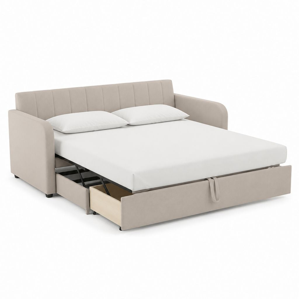 Divano letto matrimoniale beige in poliestere con cassetto contenitore 160 x 200 cm