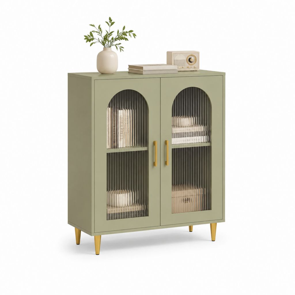 Credenza da sala da pranzo verde salvia in MDF con vetro temprato 90 x 40 x 100 cm