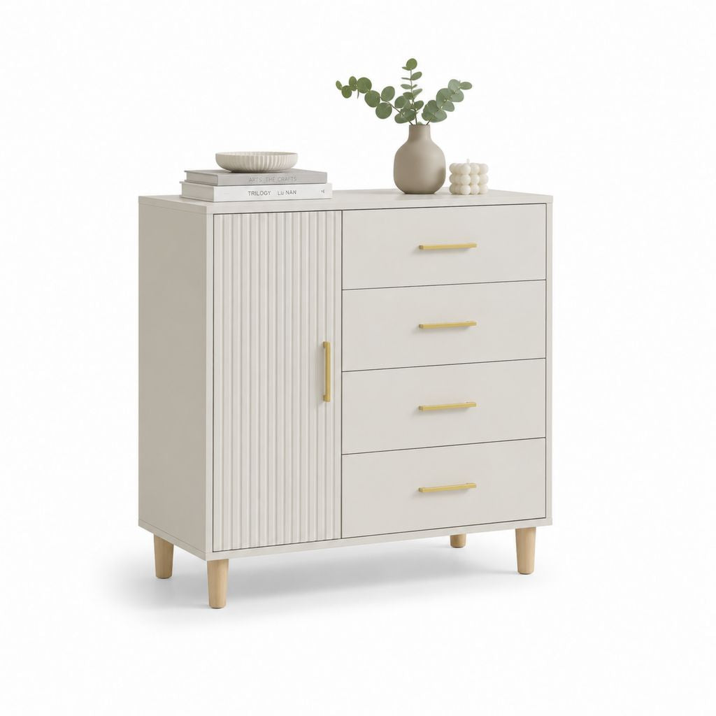 Credenza con 4 cassetti e anta scanalata beige in MDF 100 x 40 x 100 cm
