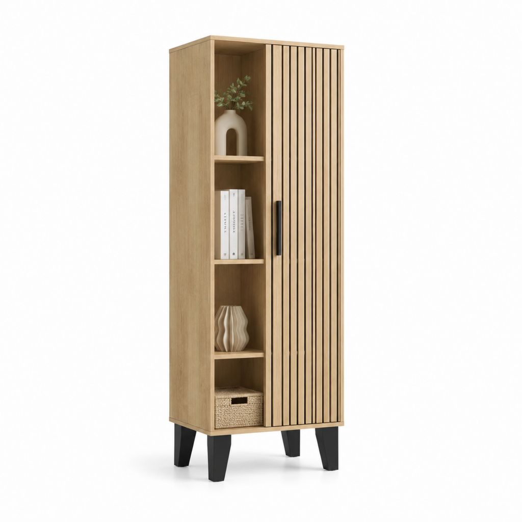 Credenza alta con anta a doghe rovere e nero in pannello truciolare 60 x 40 x 180 cm