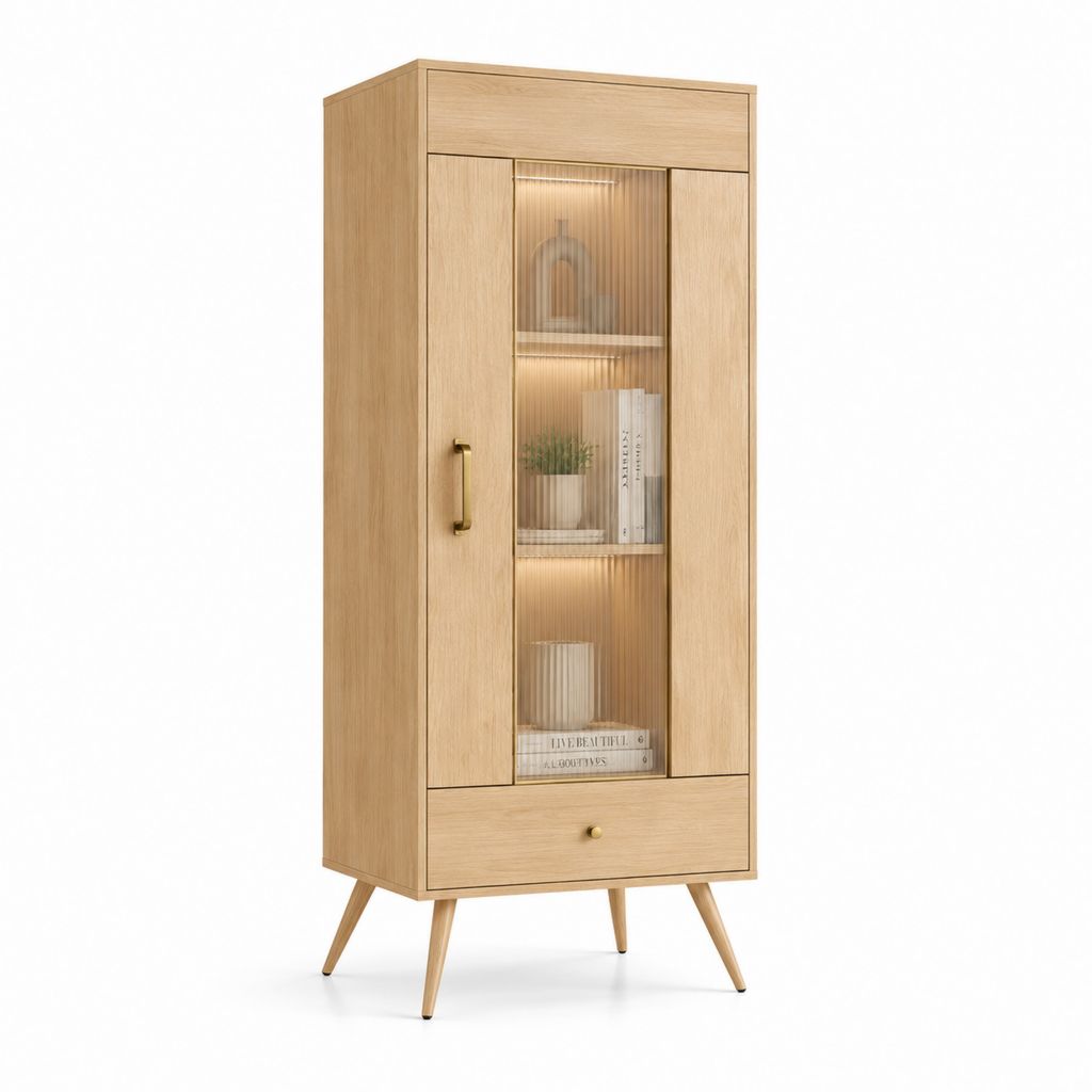 Vetrina con anta e cassetto effetto rovere con vetro scanalato 80 x 40 x 180 cm