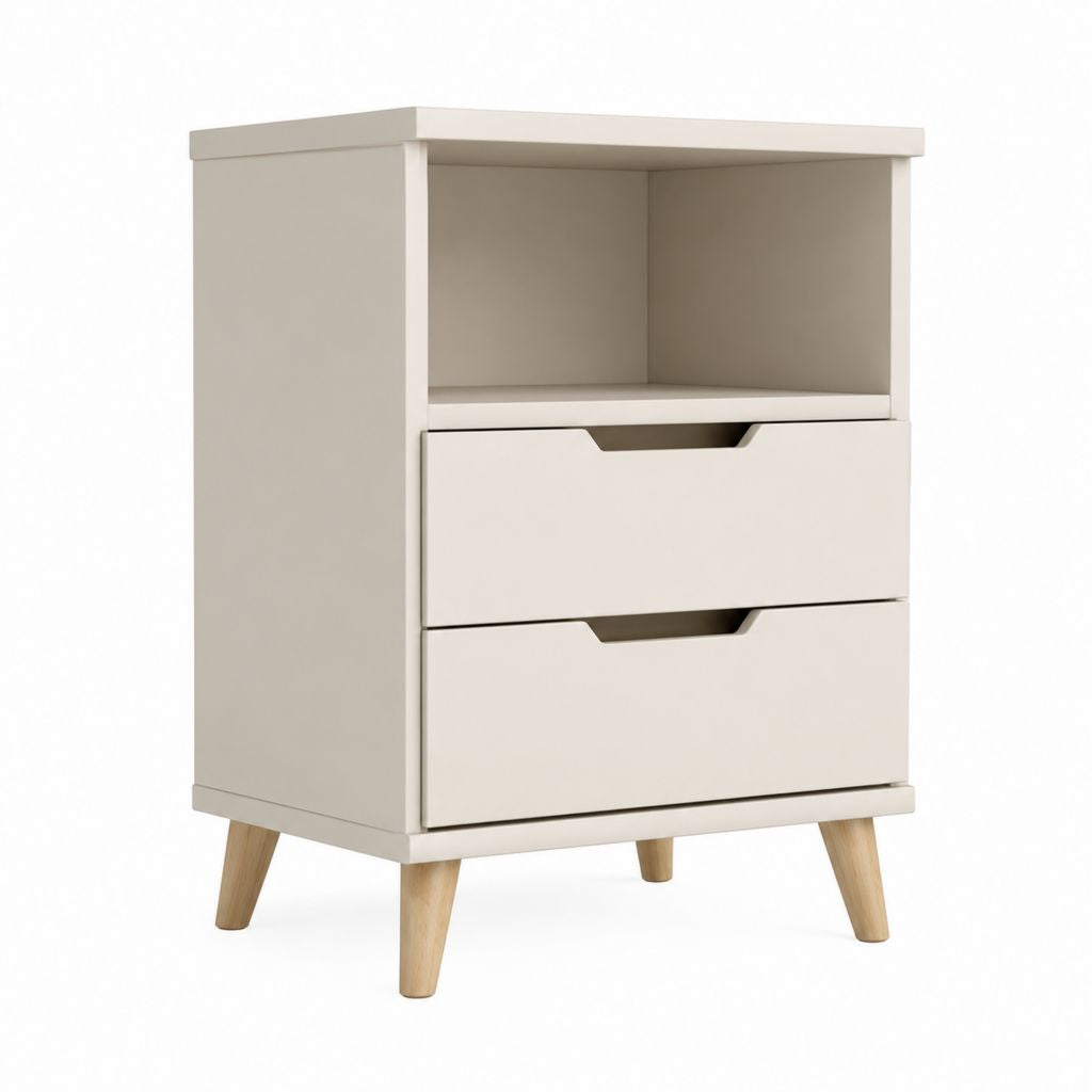 Comodino rettangolare 2 cassetti con vano aperto crema in MDF e faggio massello 45 x 35 x 65 cm