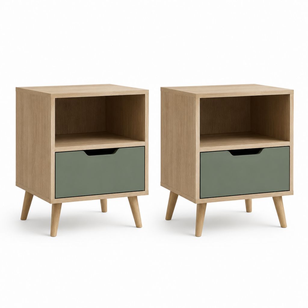 Set di 2 comodini rettangolari rovere chiaro e verde salvia in truciolare 40 x 35 x 60 cm