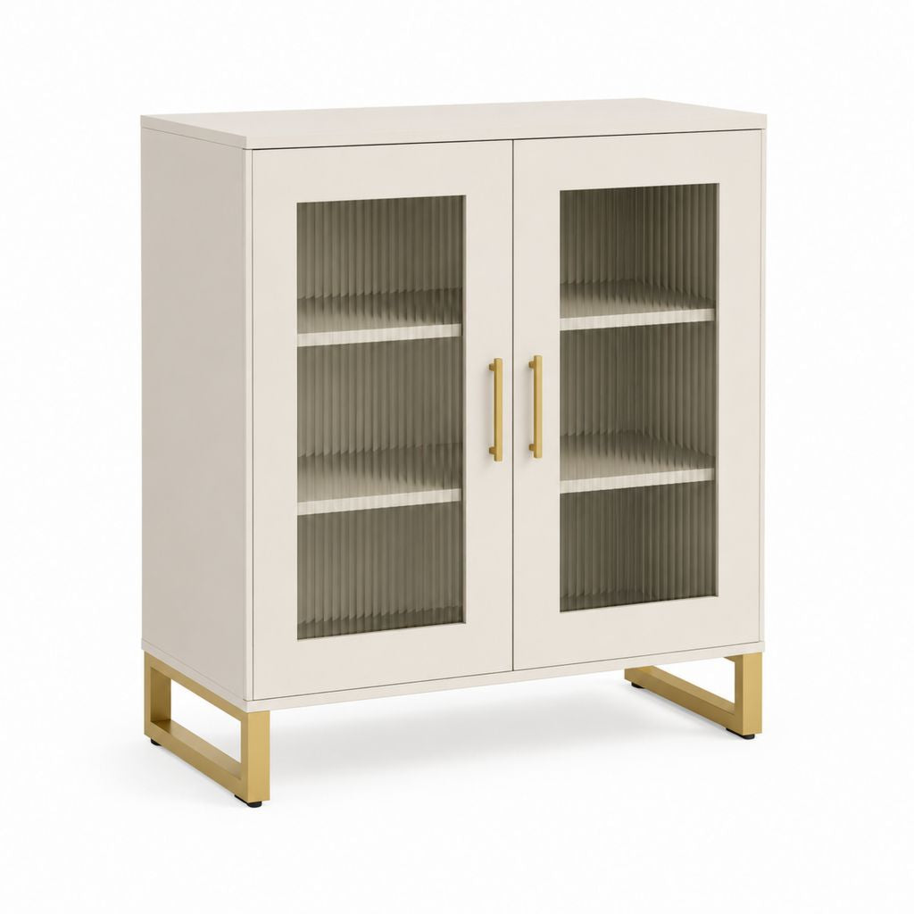 Credenza a 2 ante avorio in MDF e vetro scanalato rettangolare 80 x 40 x 100 cm